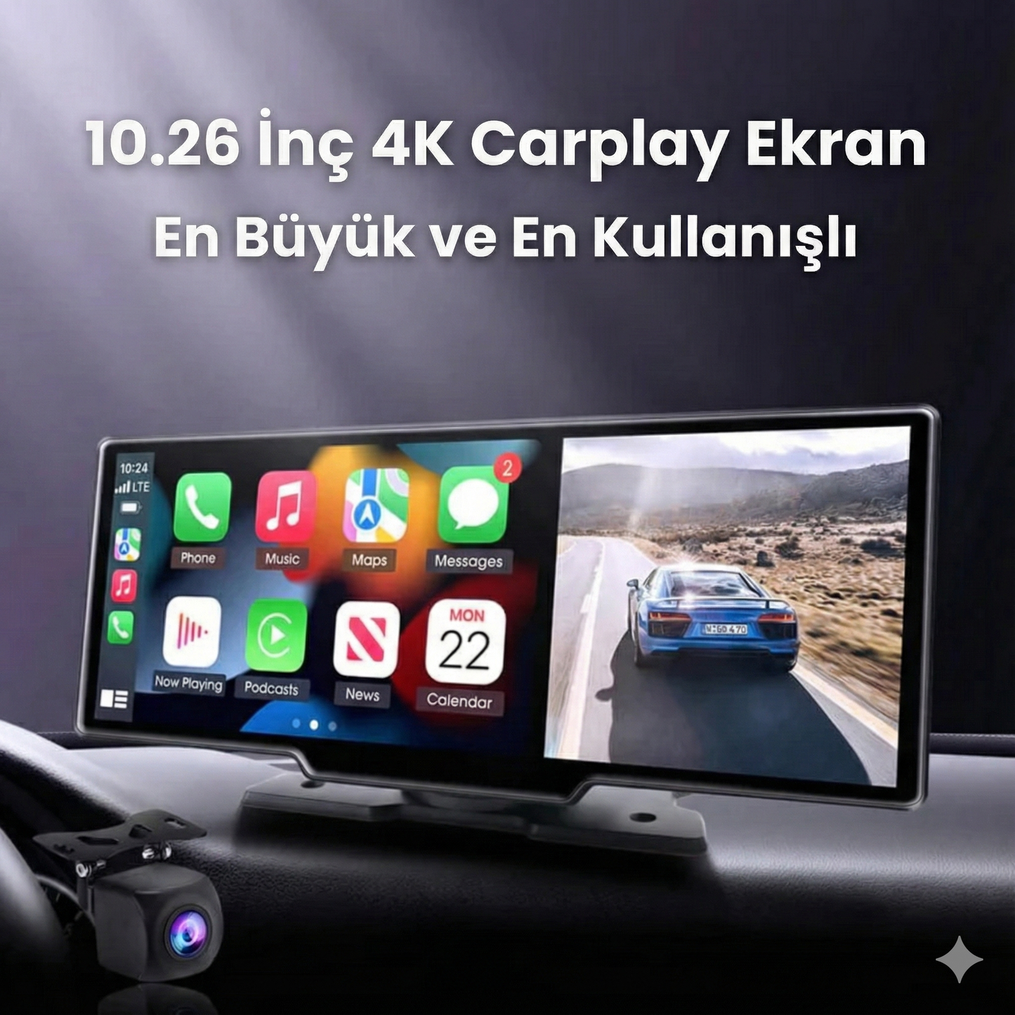 Ekranlı Carplay Apple Android Uyumlu 10.2 inç 4K Görüntü Arka/Ön Görüş Kameralı Araç Ekranı