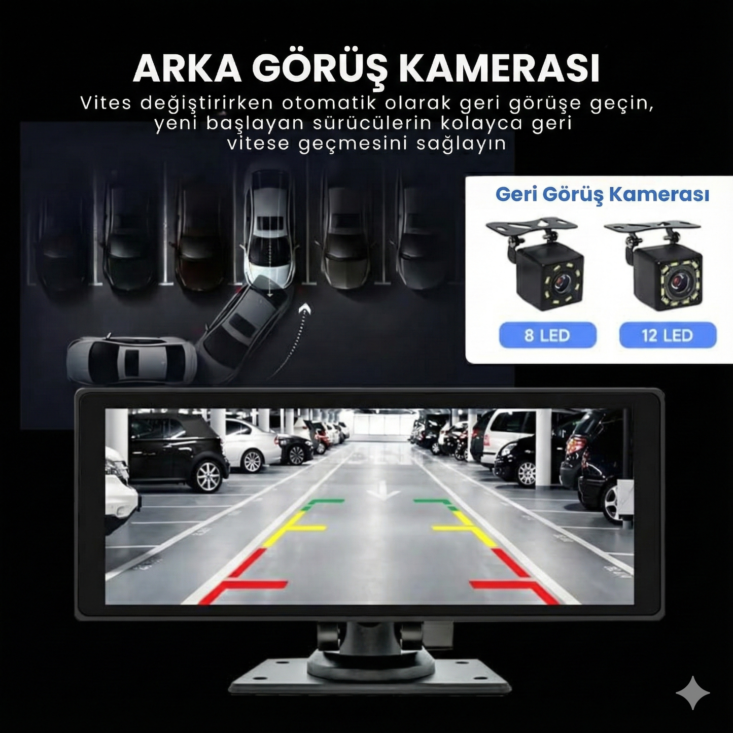 Ekranlı Carplay Apple Android Uyumlu 10.2 inç 4K Görüntü Arka/Ön Görüş Kameralı Araç Ekranı