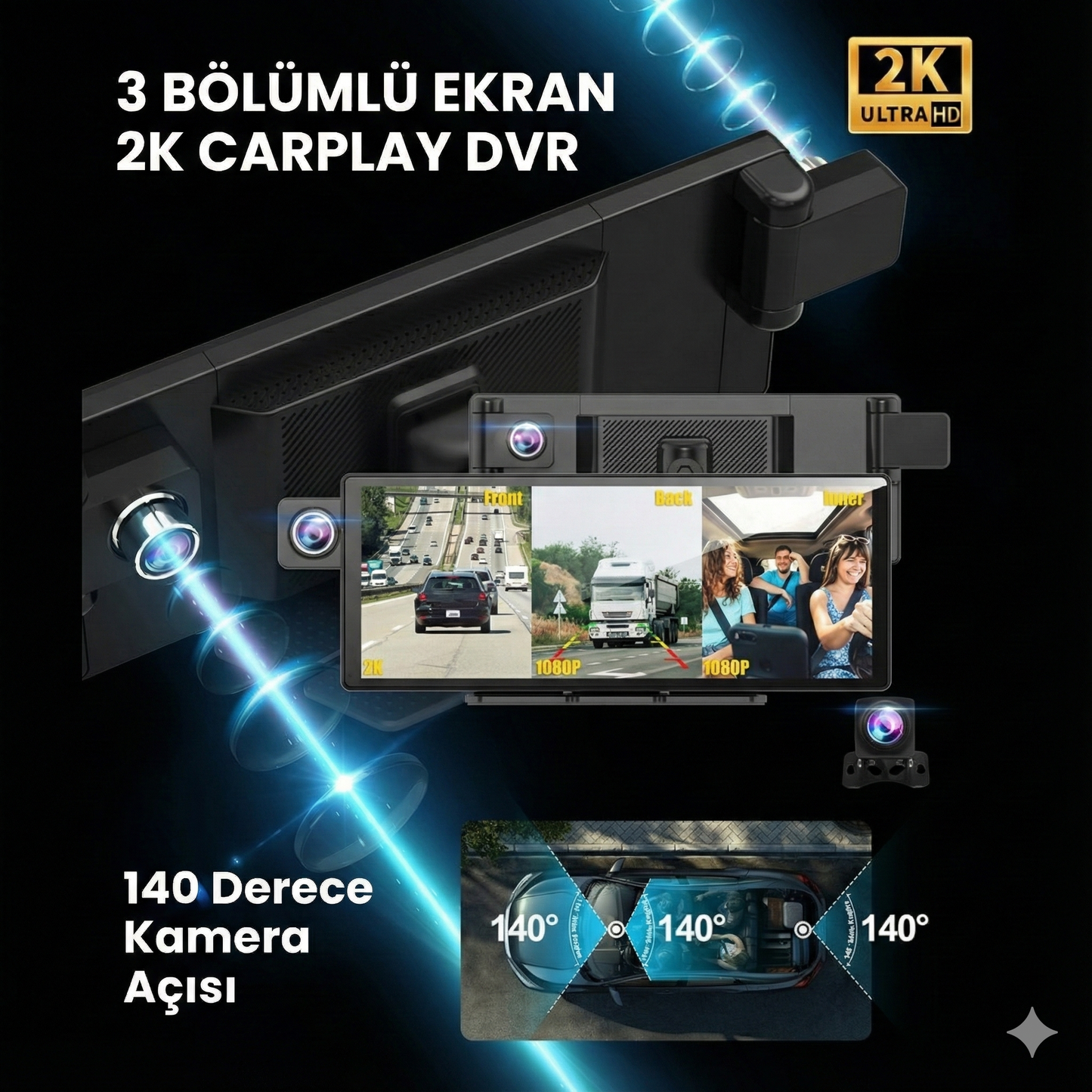 Ekranlı Carplay Apple Android Uyumlu 10.2 inç 4K Görüntü Arka/Ön Görüş Kameralı Araç Ekranı
